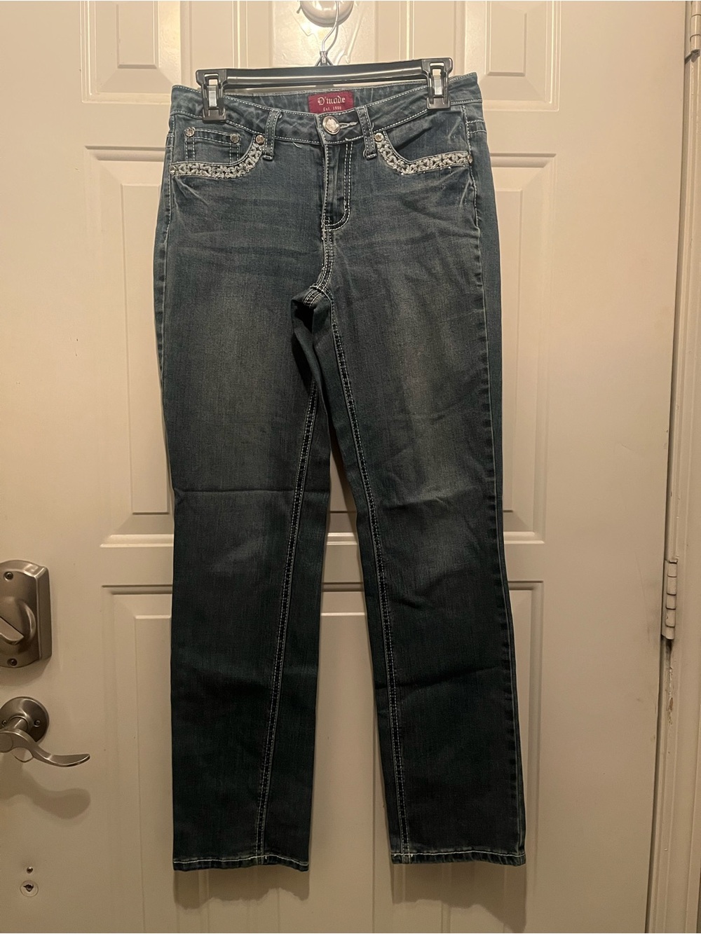 Women's Straight Leg Dark Blue Jeans with Rhinestone Trim
